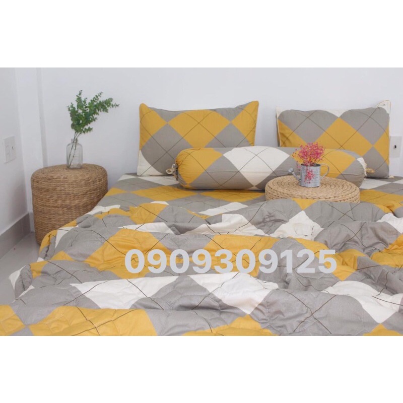 drap cotton 100%, ga giường cao cấp in logo CTY Ô vuông vàng (4 món)