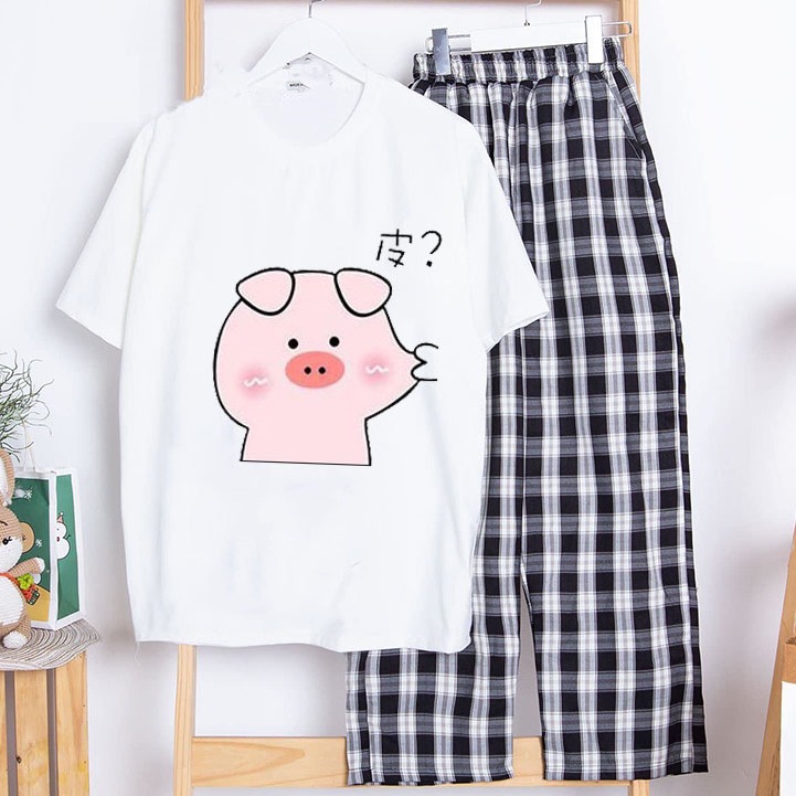 Sét bộ đồ quần áo thời trang nam nữ xinh cute áo cotton siêu mịn in heo véo má kèm quần cá tính - bahada