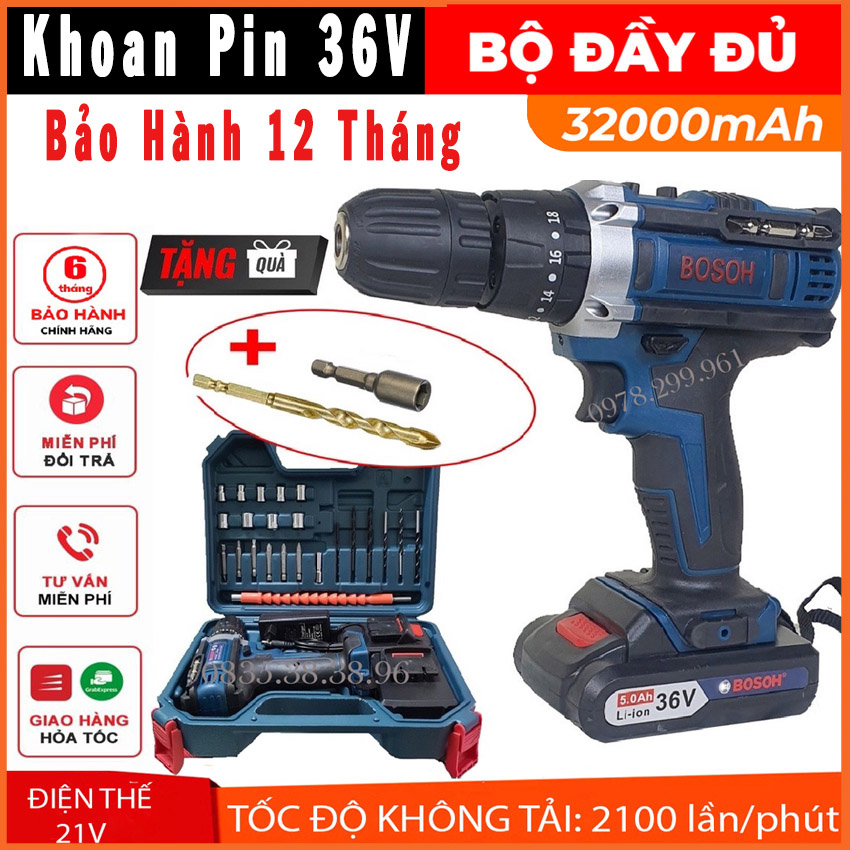 Máy khoan pin và bắn vít bu lông boschh 36v có búa - máy khoan pin - máy bắn vít - mua may khoan pin có vali kem phu kien