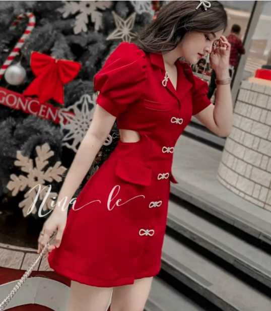 Đầm 6 nơ khoét eo-QH#damnu