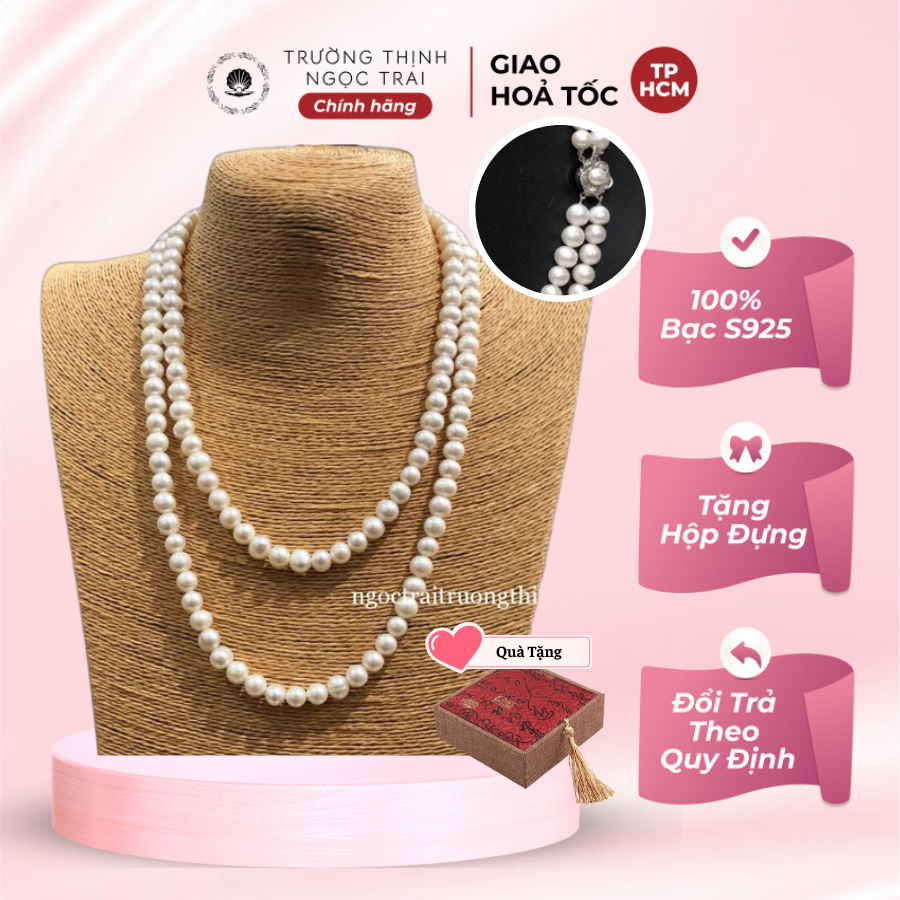 Chuỗi đeo cổ ngọc trai hai tầng màu trắng 8ly sang trọng, thanh lịch - trường thịnh ngọc trai