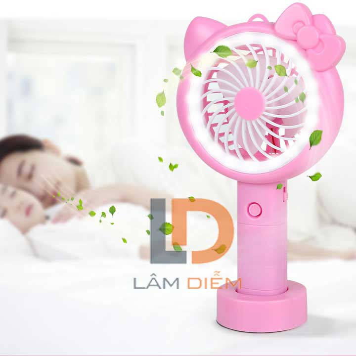 QUẠT SẠC USB KITTY CẦM TAY CÓ ĐÈN LED 3 CHẾ ĐỘ SIÊU MÁT