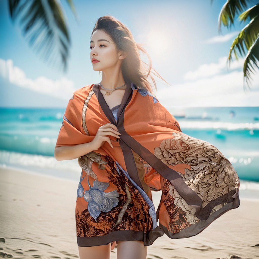 Khăn choàng lụa đi biển quấn bikini - Áo quây khăn lụa - Khăn lụa dài thắt nơ cổ áo công sở Double Care 180x90cm đẹp