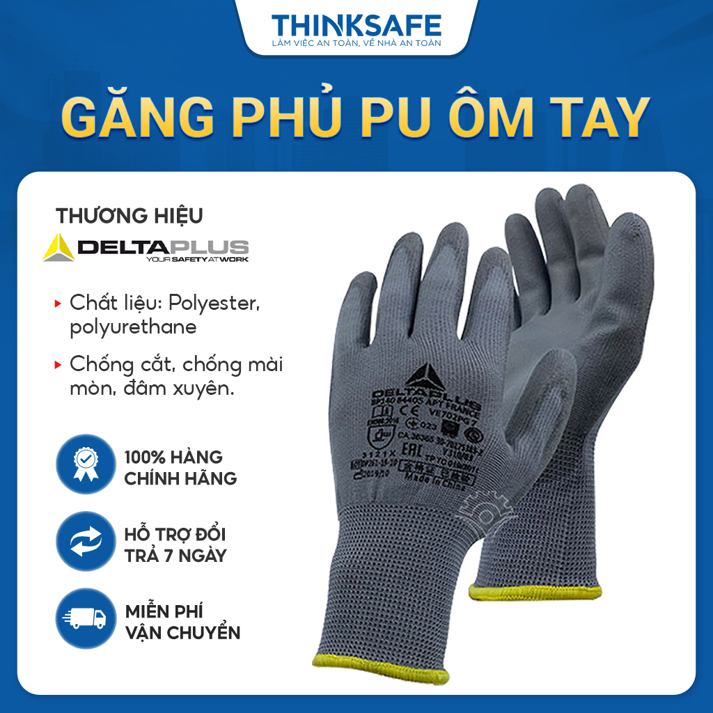 Găng tay lao động Deltaplus VE702PG phủ PU ôm tay, dễ cầm nắm, chống dầu, sửa chữa, vận hành Bao tay đa dụng - Thinksafe