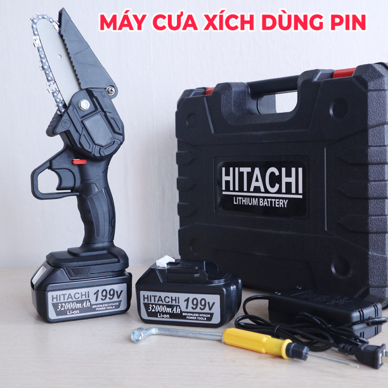 ( Hàng chính hãng hitachi ) Máy cưa xích cầm tay, máy cưa gỗ mini dùng pin hitachi 199V pin 45000mAh cell cắt gỗ tỉa cành cực bén