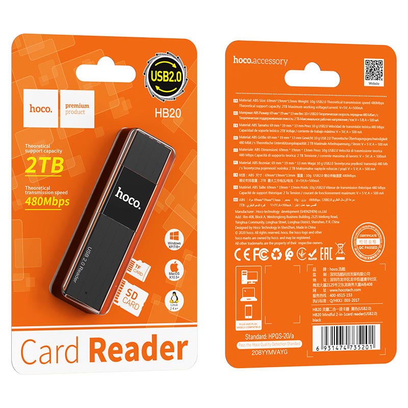 Đầu đọc thẻ nhớ 2.0 / 3.0 Hoco HB20 Mindful - hỗ trợ khe microSD/SD (Đen) - Nhat Tin Authorised Store