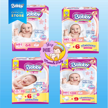 Tã dán/bỉm lót sơ sinh Bobby Newborn 1 ( 64 miếng/108 miếng + 6 tã dán) cho bé sơ sinh