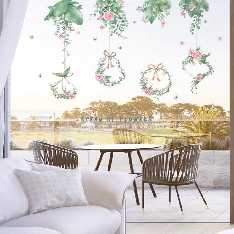 DECAL DÁN TƯỜNG LÁ GIỎ TREO HOA