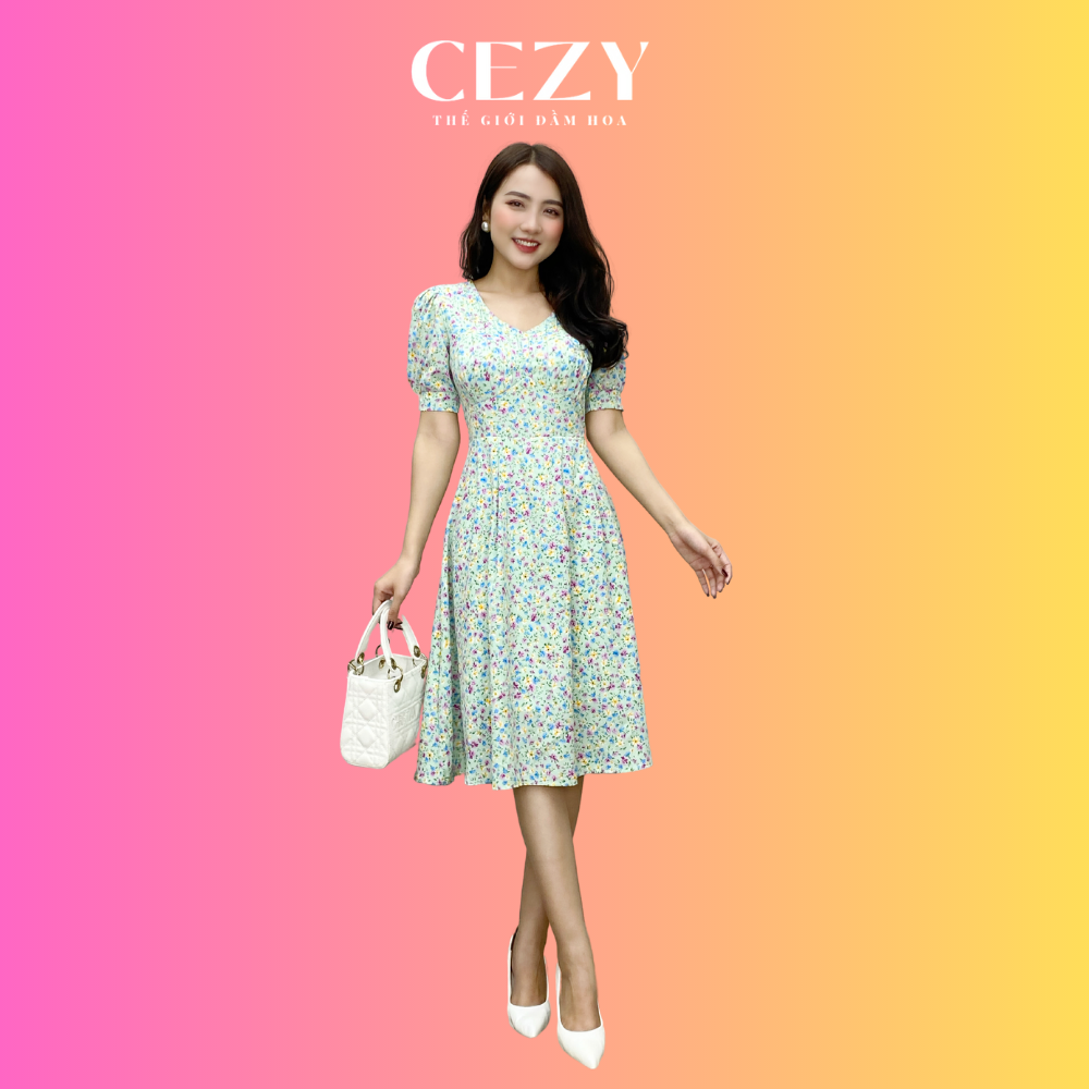 Đầm hoa nhí cổ V tay phồng dáng xòe có size bigsize CEZY D149