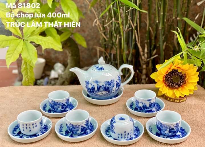 Bộ ấm chén men lam cổ Bát Tràng