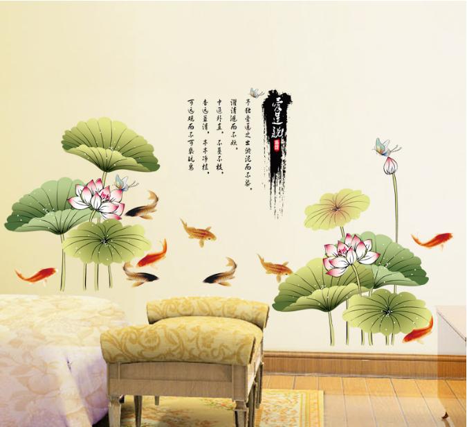 Decal trang trí Hồ Sen lớn Cá KOI chữ tàu