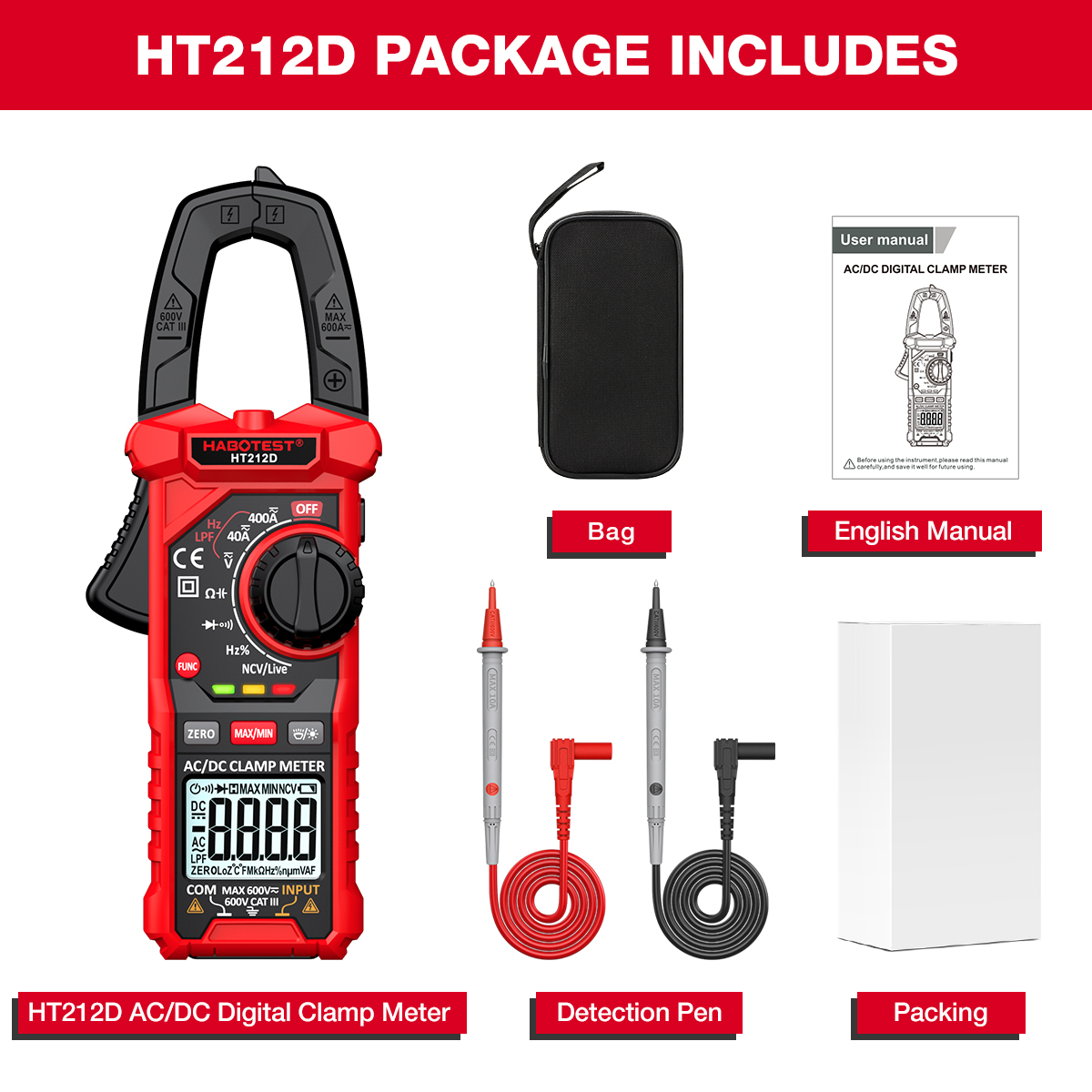 HABOTEST💥HT212 kỹ thuật số kẹp mét 600V AC/DC 4000 đếm điện áp mét hiện tại dữ liệu Giữ liên tục tối đa diode thử nghiệm ohm mét