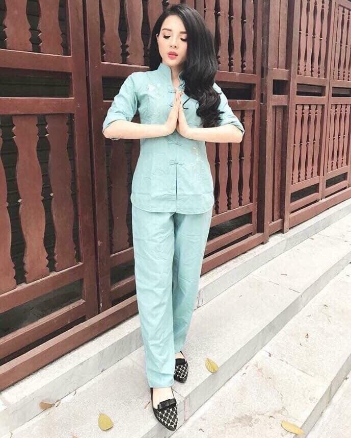 [HCM]Bộ đồ phật tử thêu sen cổ tàu vải Kate