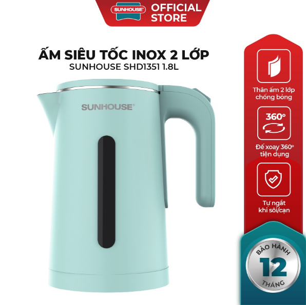 Bình đun siêu tốc 1.8l sunhouse sh1351, bình đun nước siêu tốc 2 lớp cao cấp, chống bỏng sunhouse - công suất 1500w - bảo hành 12 tháng - lỗi 1 đổi 1.