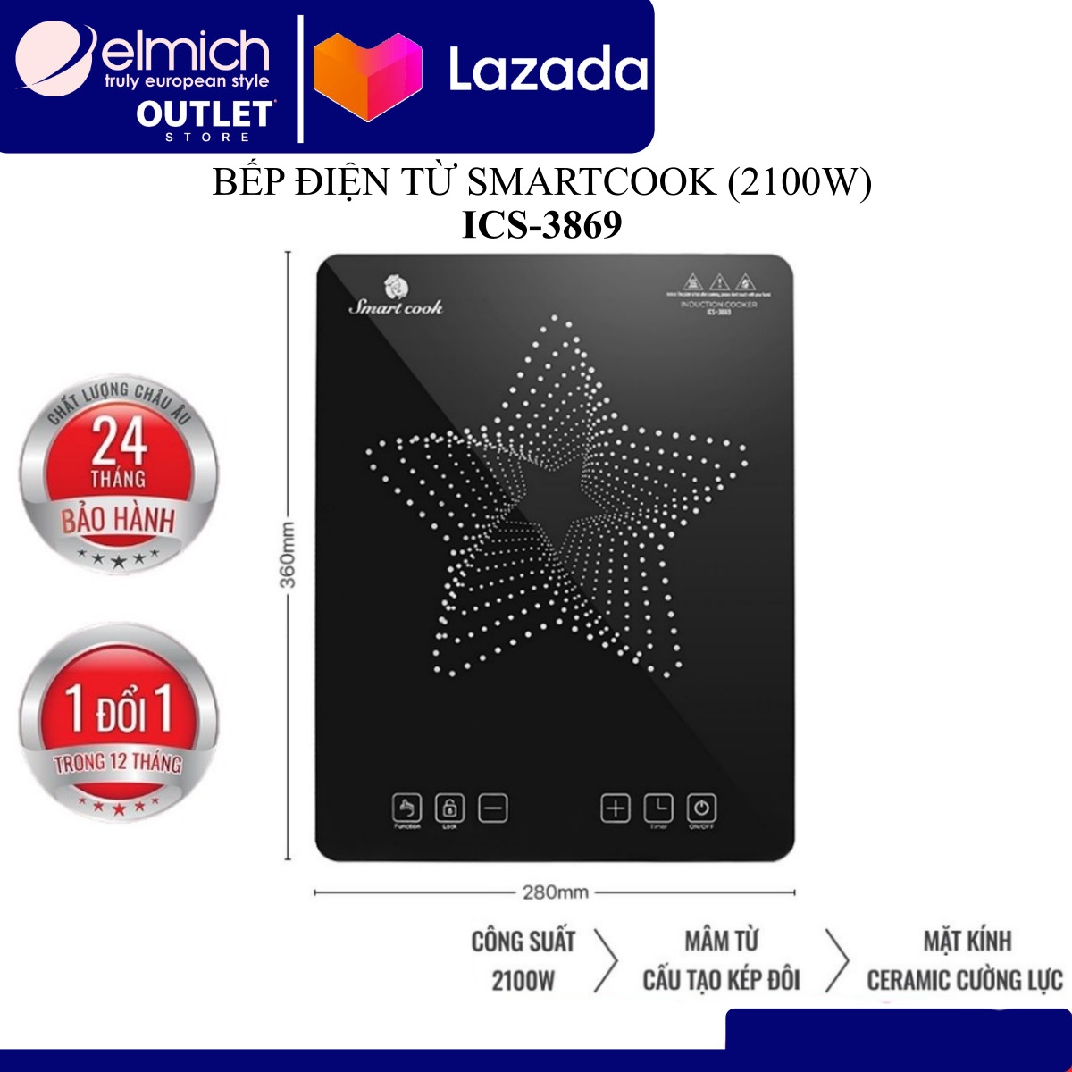 Bếp điện từ Smartcook ICS-3869 (Điện áp 220V - Công suất 2,100W - BH 12 tháng)