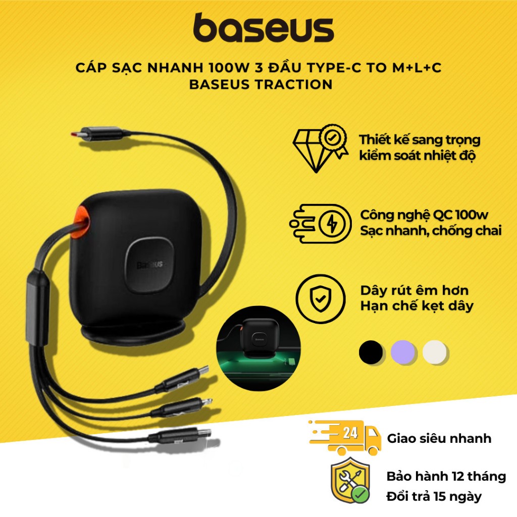 Cáp Sạc Đa Năng Baseus Traction Series Retractable 3-in-1 Fast Charging Cable Desktop Organizer (Type-C to M+L+C 100W 1.7m)