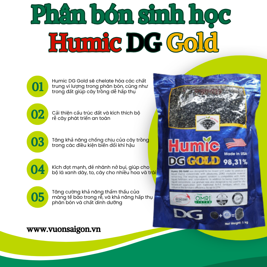 Phân bón sinh học Humic DG Gold gói 1kg, giúp đất màu mỡ tơi xốp hơn (Vườn Sài Gòn - Vuon Sai Gon)