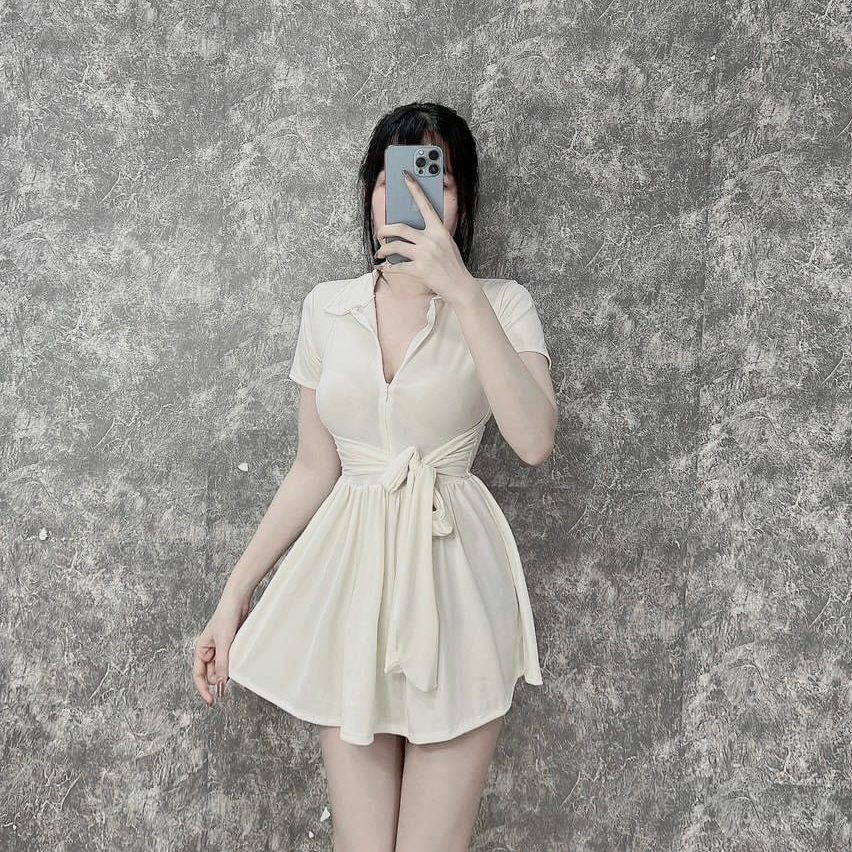 Đầm Cộc Tay Cổ Trụ Thắt Eo