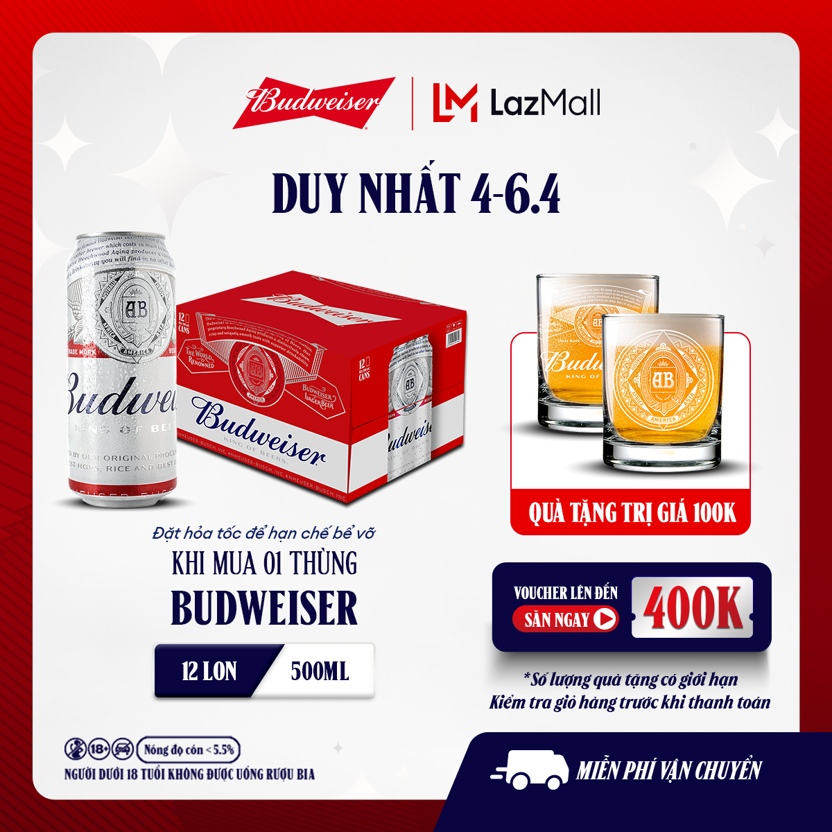 Thùng 12 Lon Bia Budweiser (500ml/lon)