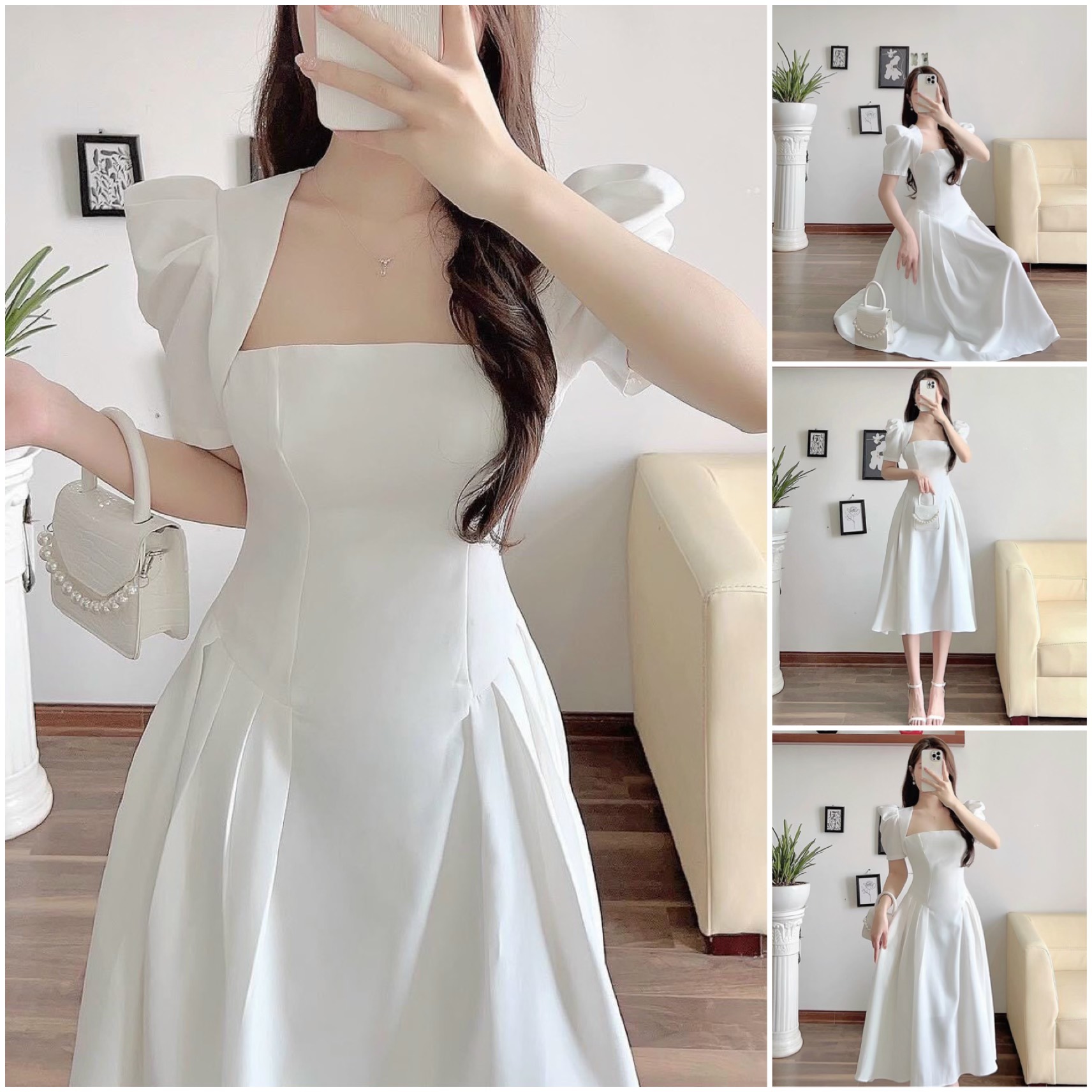 Đầm nữ xòe xếp ly eo cổ vuông chất cotton lạnh H132