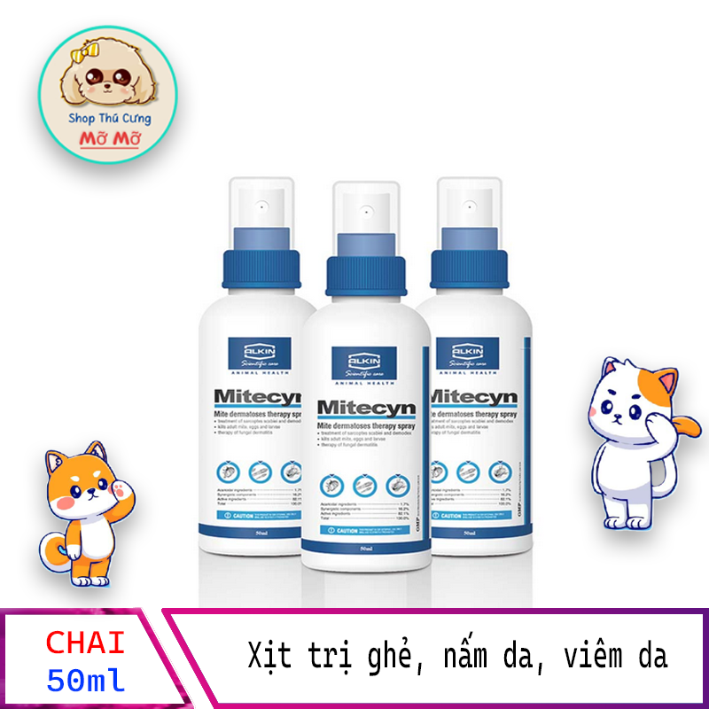 Alkin Mitecyn chai xịt trị ve ghẻ, nấm da viêm da cho chó mèo - Chai 50ml
