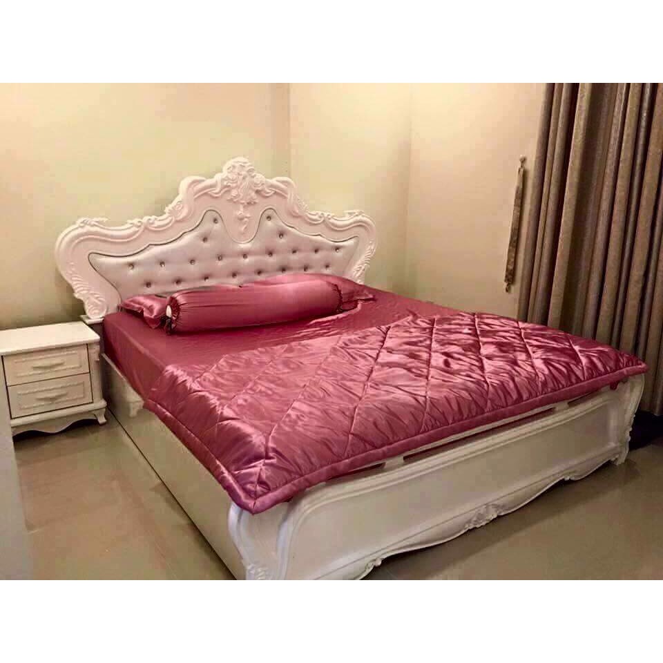 (Loại 1) Bộ Chăn Trần Bông Ga Gối Phi Lụa 5 Món Cao Cấp Lan Bedding Màu Hồng Ruốc