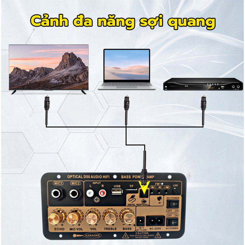 Bảng khuếch đại công suất kỹ thuật số Bluetooth với sợi quang D50 khuếch đại âm thanh kép kỹ thuật số Bluetooth công suất