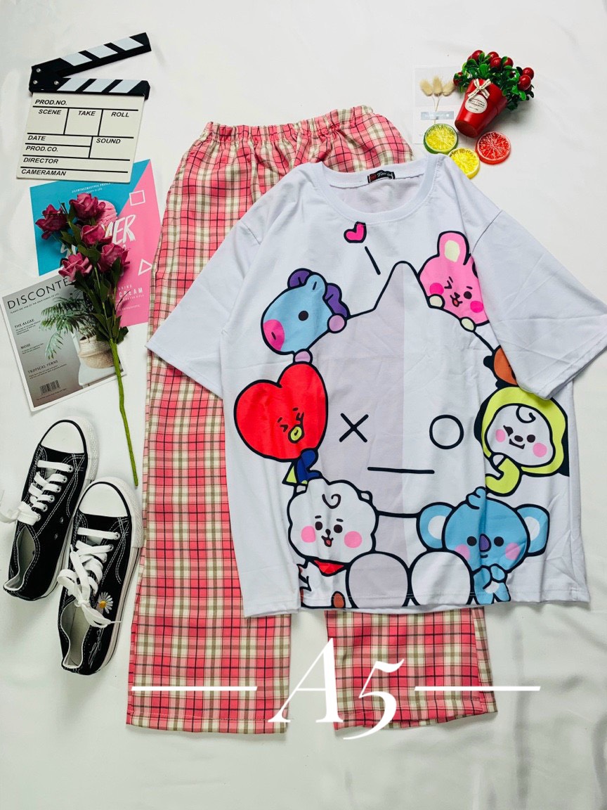 [HCM]Sét Áo Cotton  Quần Ca Rô Quảng Châu  Cao Cấp