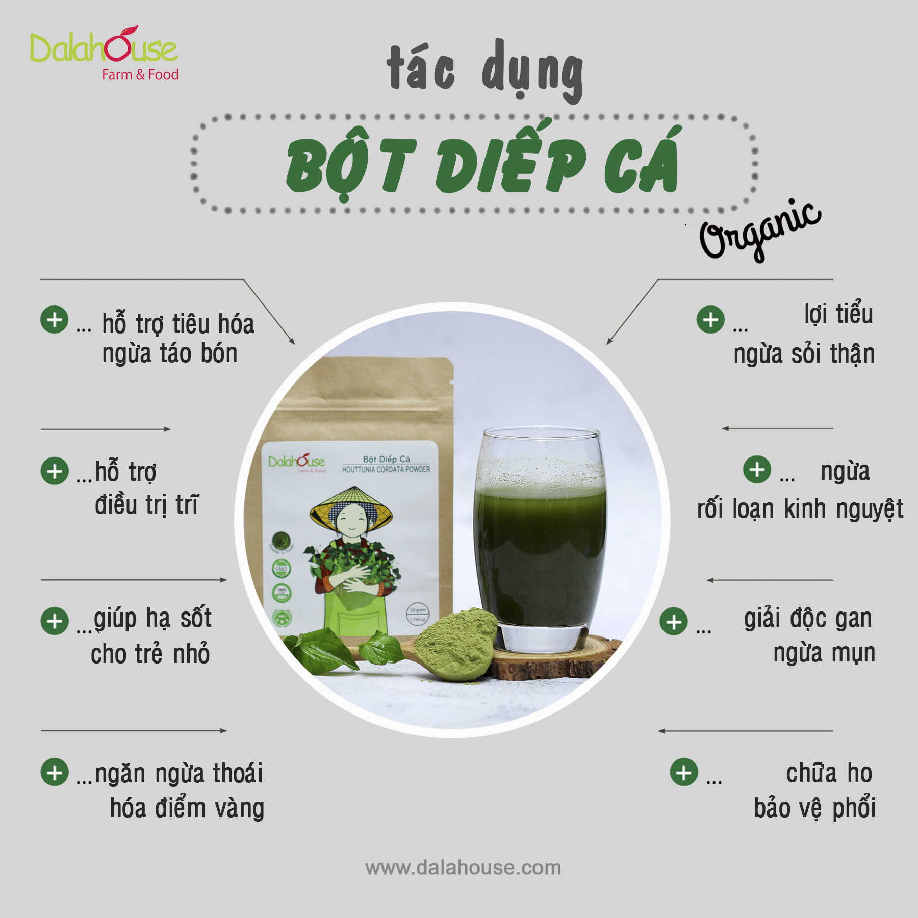 Bột Diếp Cá Hữu Cơ DalaHouse ( 100% Natural Houttuynia Cordata Powder)- Hộp 60 gram