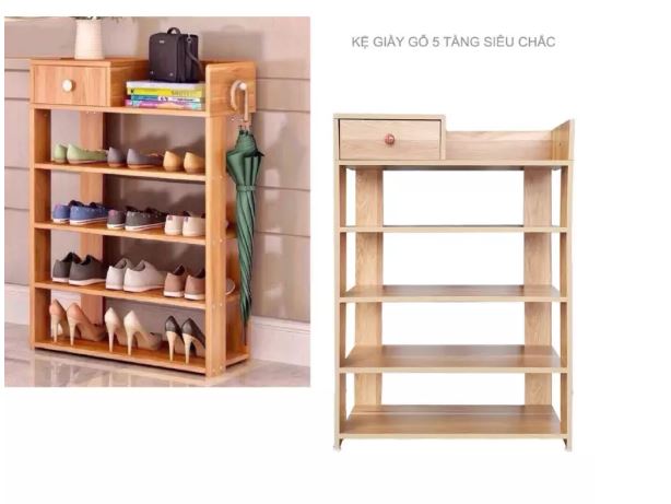 Kệ Giày Dép Gỗ 5 Tầng Có Ngăn Kéo