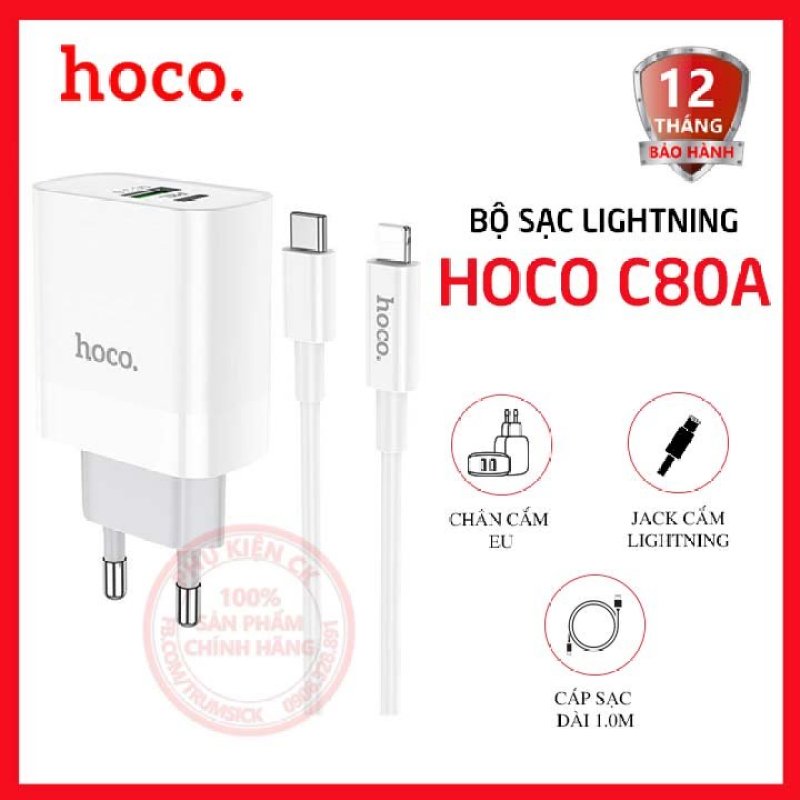 Bộ sạc nhanh Hoco C80A 1 cổng USB + 1 cổng Type-C 3.1A QC3.0 20W kèm cáp Lightning dài 1.0m