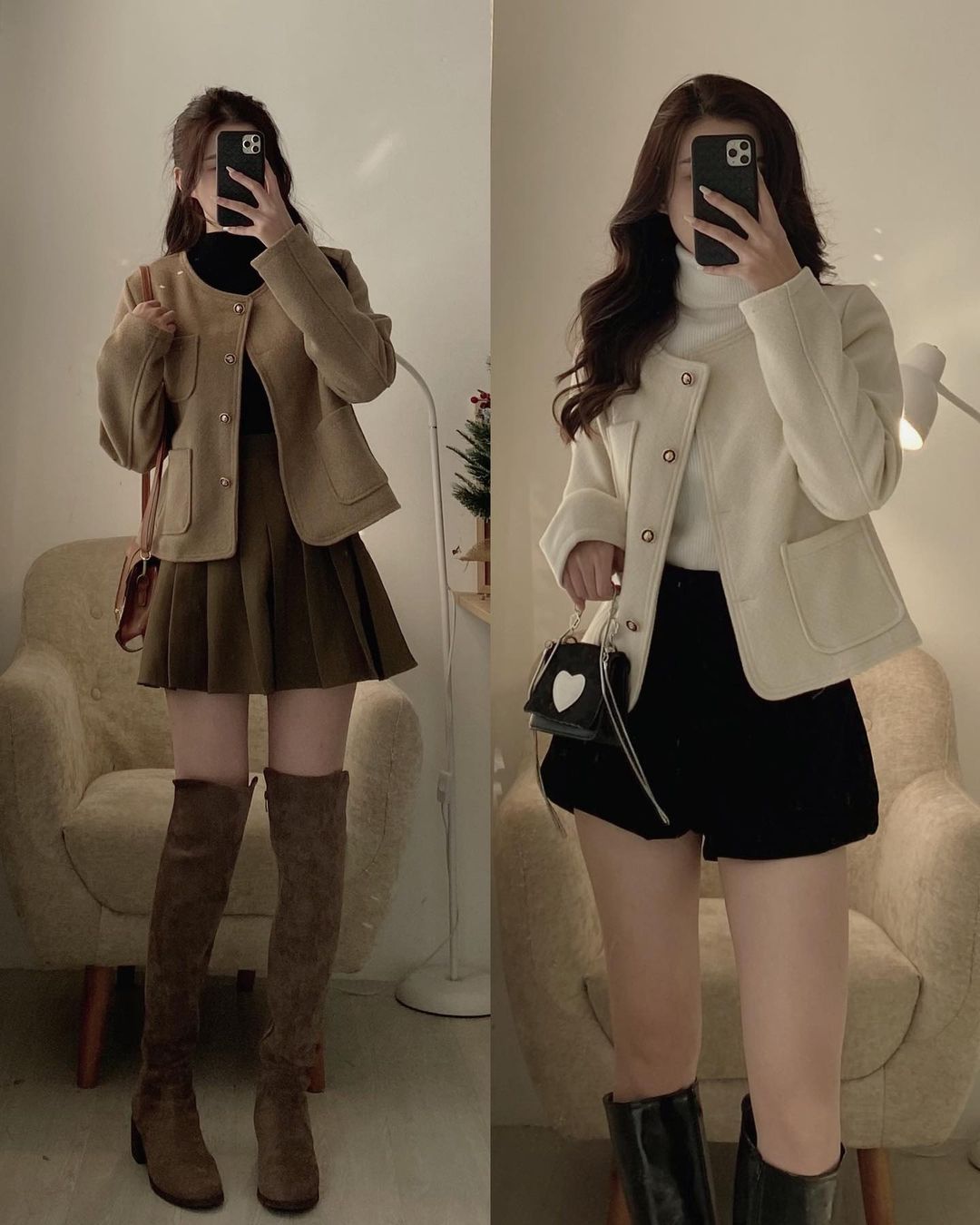 Áo khoác dạ twedd cổ tròn dáng ngắn chất mịn phối khuy đồng basic