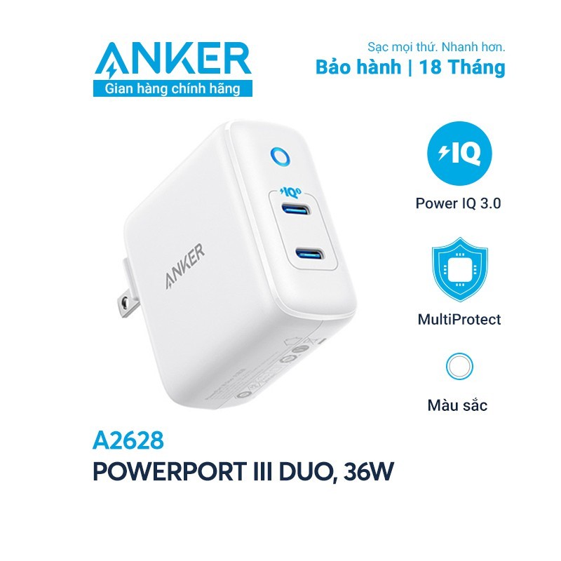 Sạc Anker PowerPort III Duo 36W (2 PIQ 3.0) - A2628 Bảo hành 18 tháng Anker Việt Nam