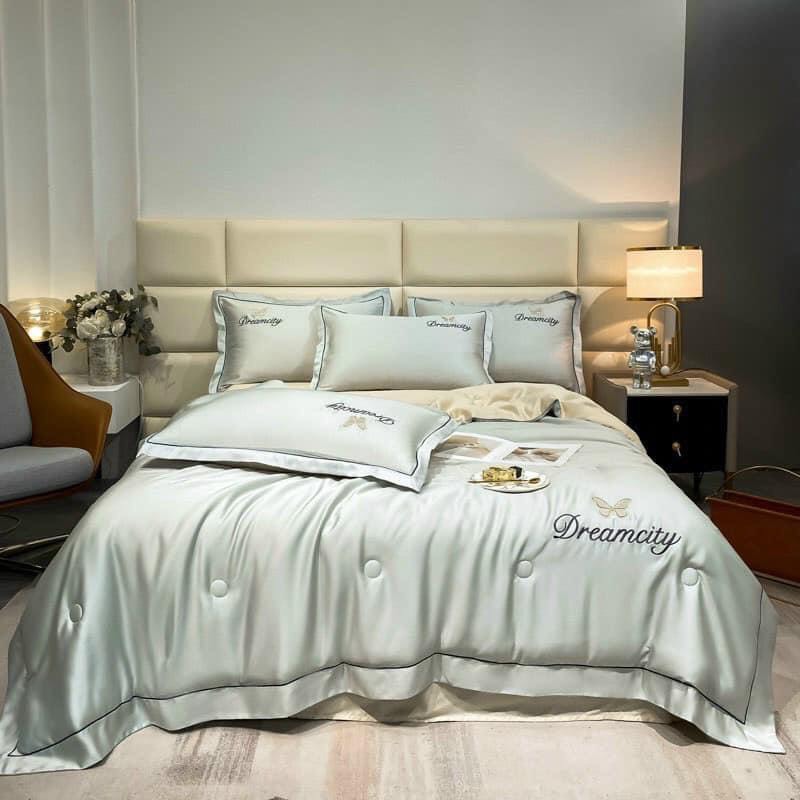 🌹(CHIBEDDING) SET VỎ CHĂN GA GỐI PHI LỤA THÊU NƠ PHỐI VIỀN 4 MÓN NHẬP KHẨU
