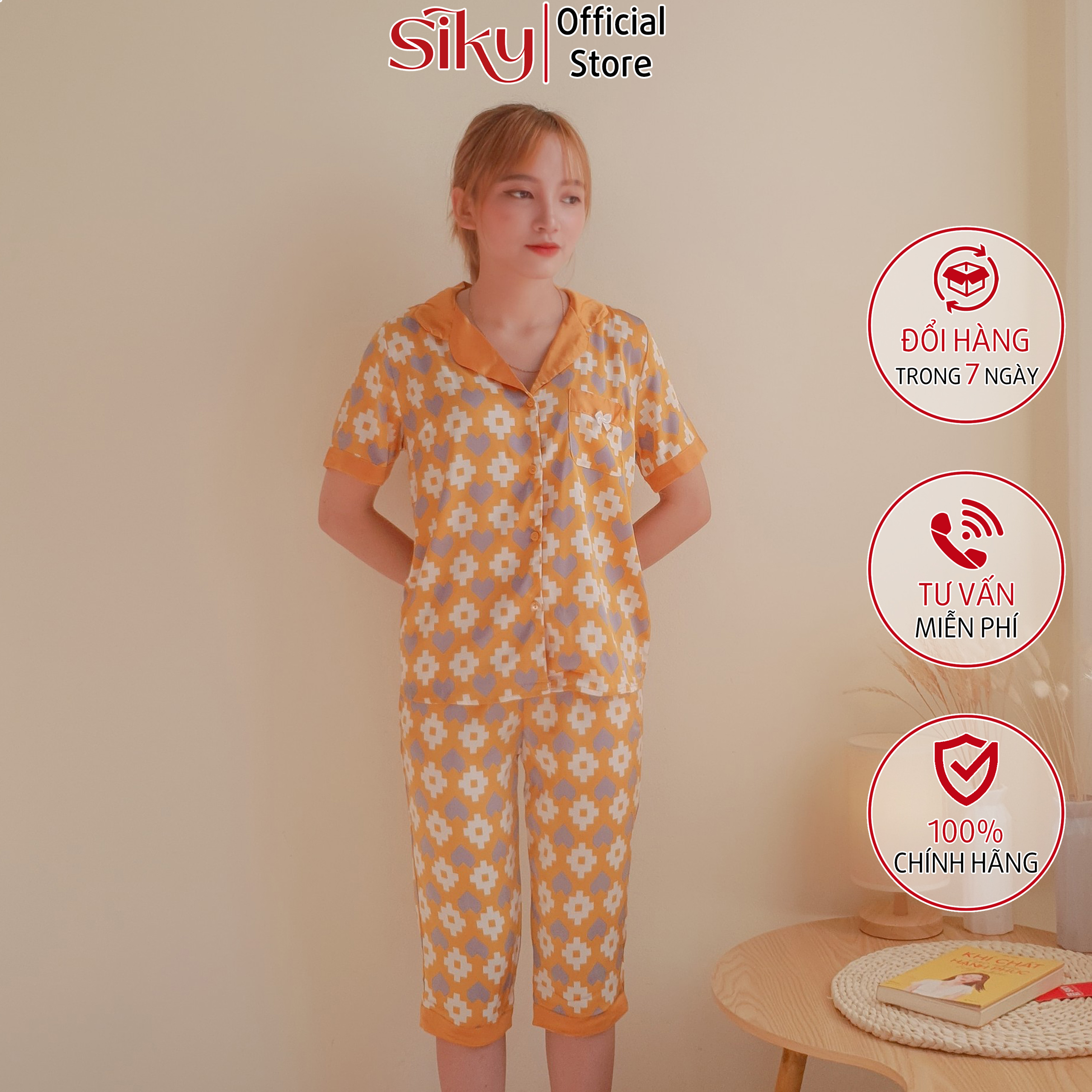 Bộ pijama nữ caro SIKY chất lụa satin - BN09