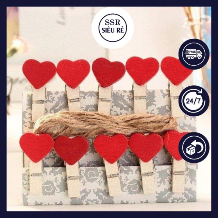 Combo 10 kẹp gỗ hình trái tim màu đỏ