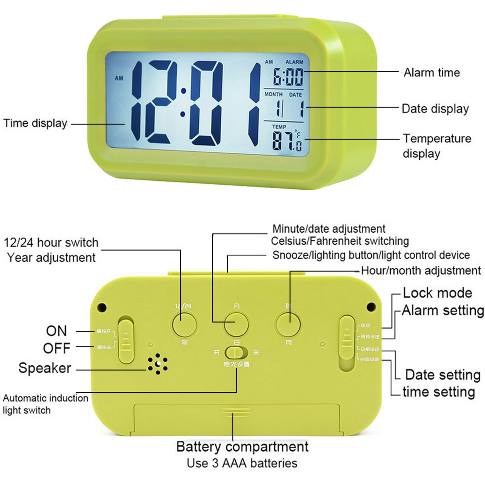 Smart Digital Alarm Clock with Date and Temperature Snooze Button on Top Battery Operated Rectangle Desk Clock with Night Light for Bedroom Kids Children Girls Boys