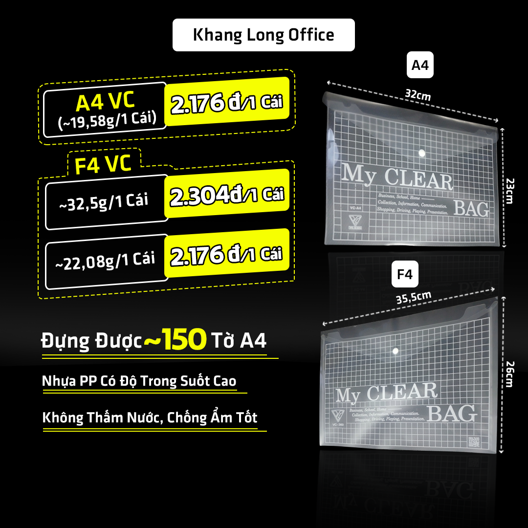 Bìa Nút A4/F4 My Clear Bag, Bìa Sơ Mi Nhựa PP Dày Trong Suốt Không Thấm Nước, Chống Ẩm Tốt