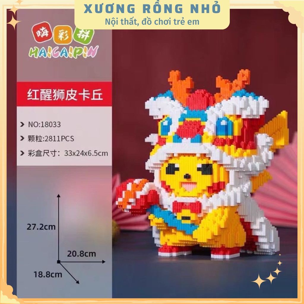 Mô hình pikachu đầu lân cỡ lớn 27cm xếp hình Đồ chơi lắp ráp mô hình nano 3D dễ thương