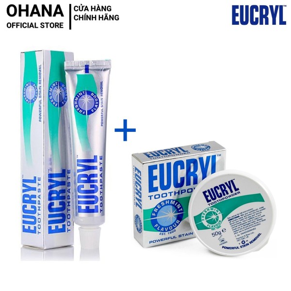 Combo Kem Đánh Răng Làm Trắng Eucryl Freshmint Toothpaste 62g Và Bột Tẩy Trắng Răng Eucryl Powerful Stain Removal Toothpowder 50g nhập khẩu