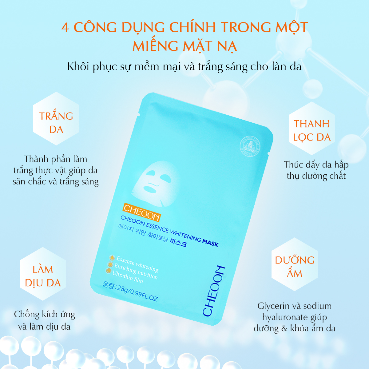 Mặt nạ dưỡng trắng da, mờ thâm nám cấp ẩm ngừa mụn làm dịu da, cung cấp dưỡng chât nuôi dưỡng sâu từ trong ra ngoài essence whitening mask 28g，mặt nạ dưỡng ẩm trắng da mặt nạ trắng da mặt nạ làm sáng và trắng da