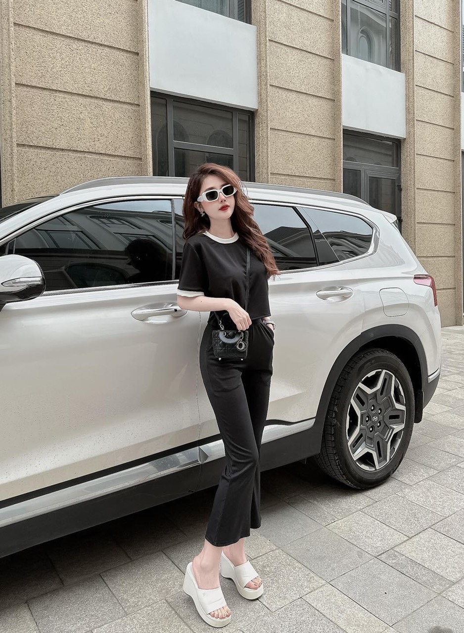 Set bộ hottrend áo tay ngắn có viền mix quần dài ống loe tôn dáng, Set bộ áo thun viền ngắn tay phối quần ống loe dễ thương, Set thời trang nữ xinh xắn áo thun tay ngắn mix quần dài ống loe mặc 4 mùa MTB