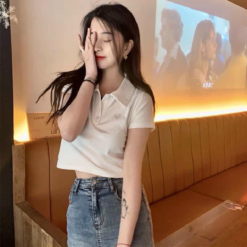 Áo thun croptop cổ bẻ thêu hình chú gấu đáng yêu ttsla0618