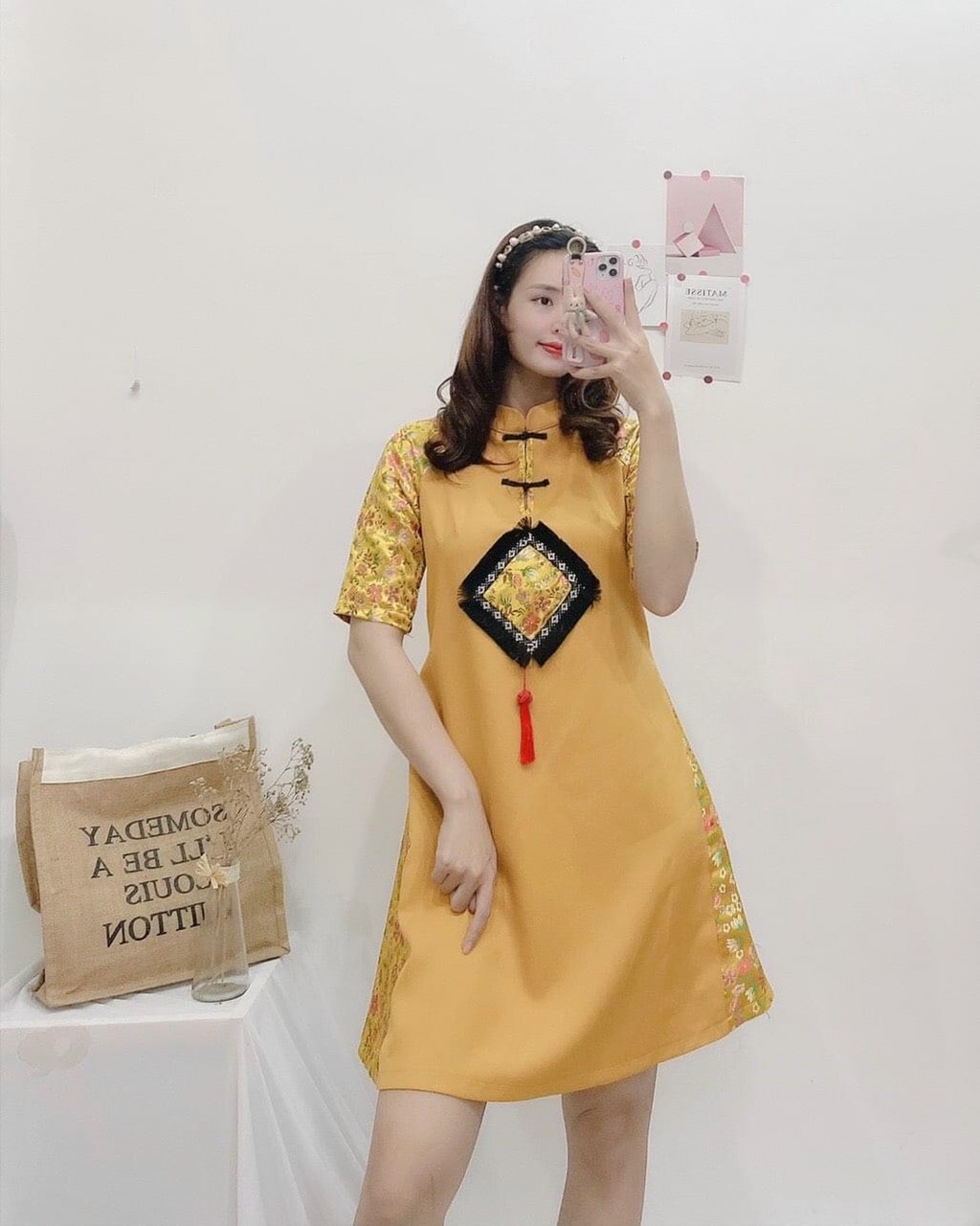 [HCM]Đầm phối gấm Thượng Hải dáng suông