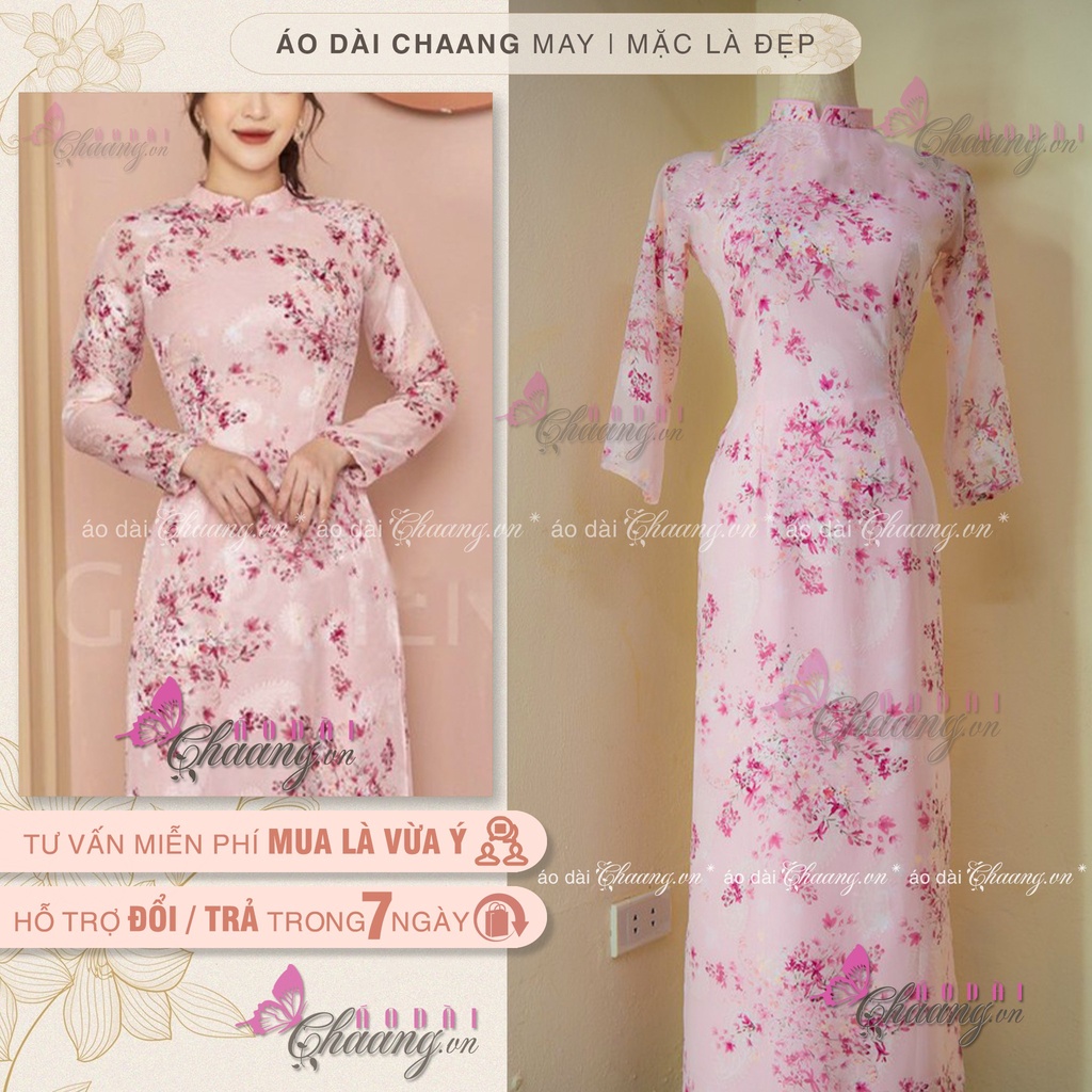 Áo dài hoa nhí hồng truyền thống may sẵn áo dài 4 tà lụa đẹp HT021