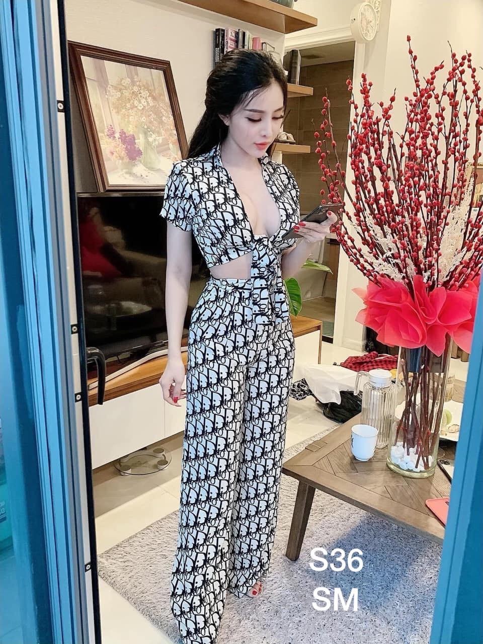 Sét bộ lụa óng suông cột eo-QH