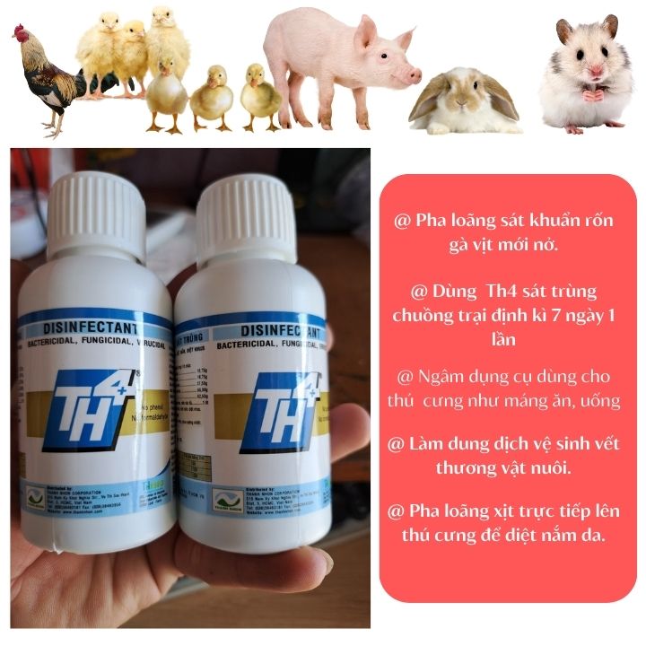 Dung dịch sát khuẩn TH4, sát khuẩn chuồng trại gà, thỏ, vịt heo, chuột và dụng cụ chăm sóc dung tích 100ml