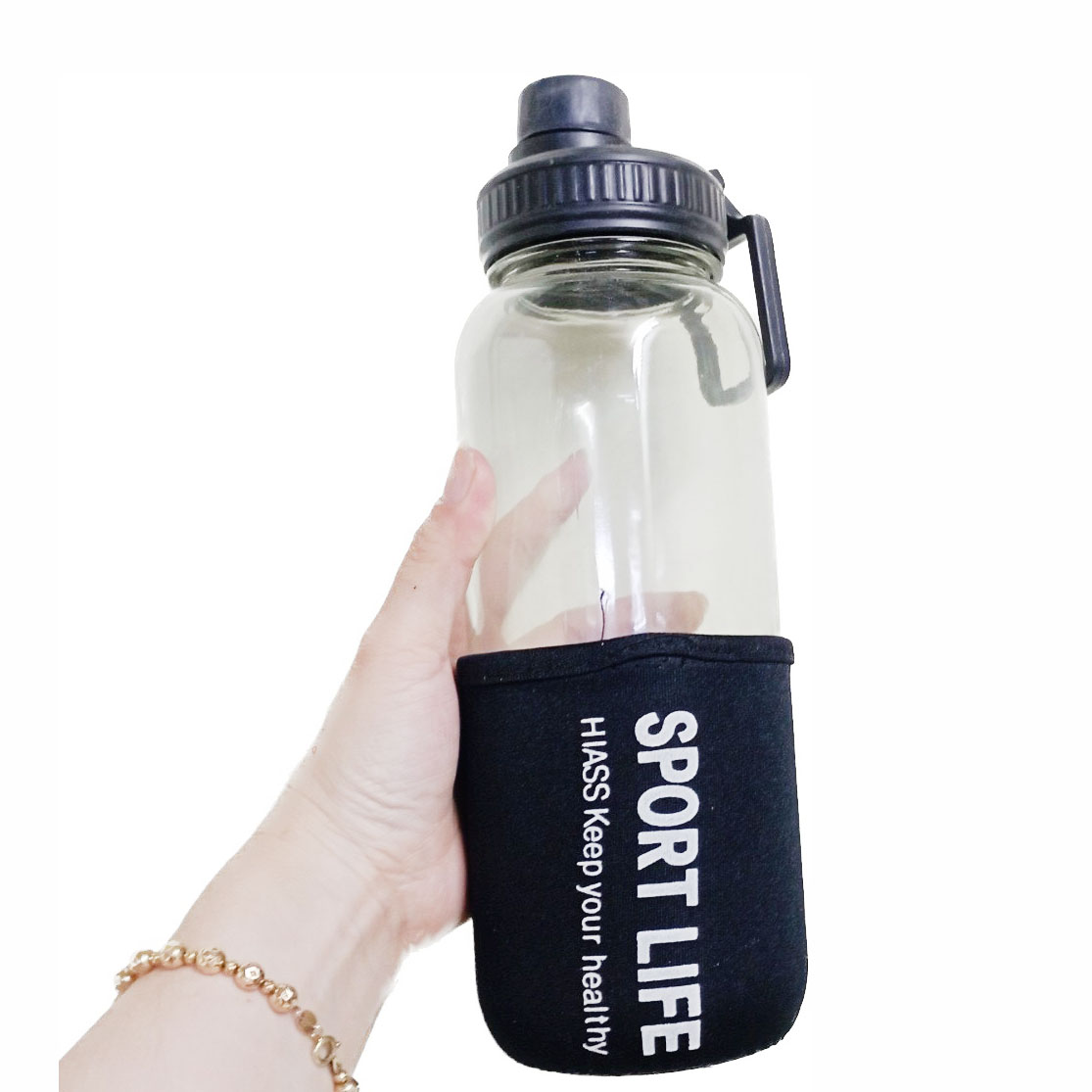 [HCM]Bình thủy tinh khổng lồ 1 lít thiết kế có nắp làm giá đỡ điện thoại tiện lợi có tay xách chắc chắn miệng chiết rót kèm túi vải - bình cao cấp 1 lít