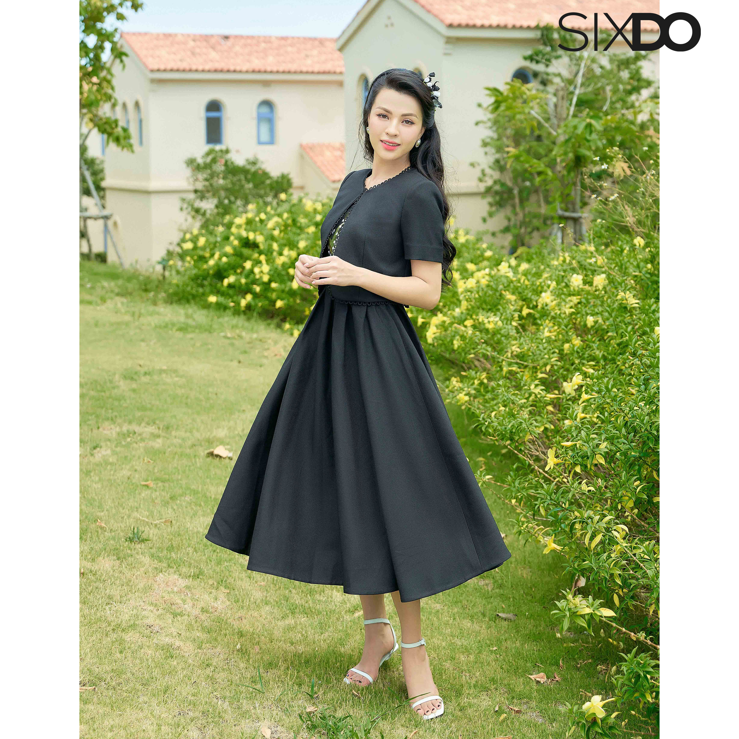 Đầm thô đen dáng xòe thêu hoa SIXDO (Black Midi Raw Dress With Embroidered Flower) (chưa kèm áo)
