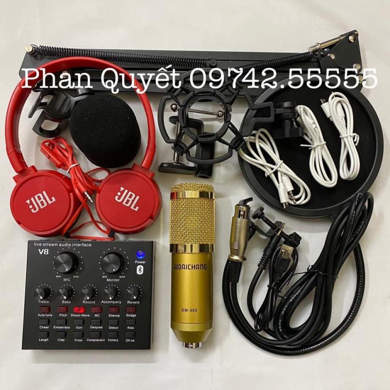Combo bộ hát thu âm cao cấp V8 bluetooth mic BM-900 hát cực hay livestream micro kèm chân kẹp màng lọc tặng tai nghe J-08